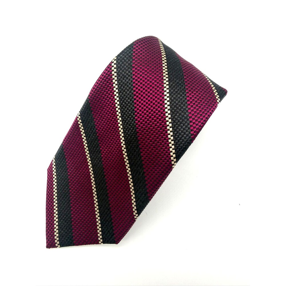 Tom James Tie Silk Burgundy Black White Striped Textured Woven Grid Necktie